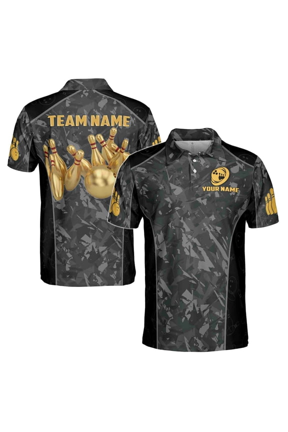 Custom Name Team Name Gold Bowling Ball In Dark Men's Polo Shirt S-5XL