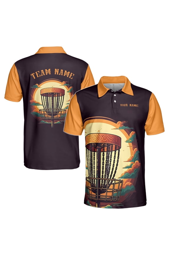 Custom Name Team Retro Disc Golf Black Orange Sunset Men's Polo Shirt S-5XL