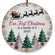 Custom Name Text 1st Christmas Family of 4 Ornament - Our First as a Four 2025 Tree Gift for Dad Mom Baby Names, Circle Christmas Ornament