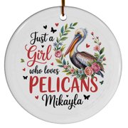 Custom Name Text Just A Girl Pelican Christmas Ornament - Floral Tree Decor for Girls & Besties, Circle Christmas Ornament, Holiday Keepsake Christmas Ornamentnt, Christmas Orn
