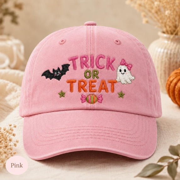 Custom Name Trick or Treat Embroidered Halloween Dad Hat, Personalized Ghost Baseball Cap, Vintage Washed Cotton Spooky Fall Gift