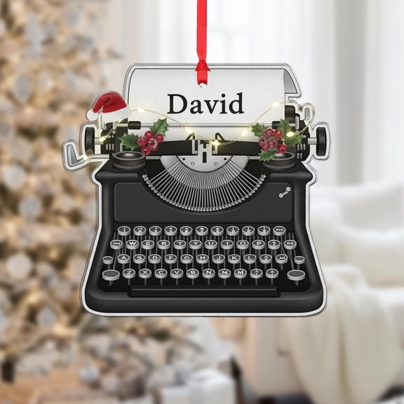 Custom Name Typewriter Ornament – Vintage Christmas Tree Decoration with Santa Hat