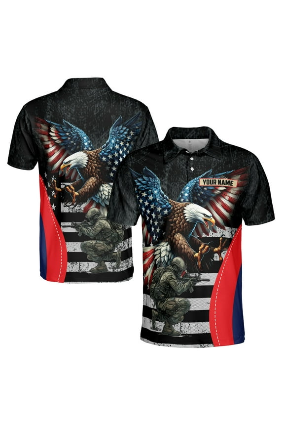 Custom Name U.S Veteran American Flag Eagle Pattern Men's Polo Shirt S-5XL