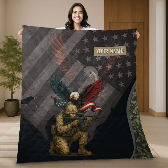 Custom Name US Army Veteran Quilt Blanket – American Flag Eagle Soldier Quilt – Personalized Military Patriotic Blanket Gift For Veteran's Day, Memorial Day