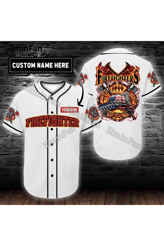 Custom Name US Firefighters Fire Rescue Mens Baseball Tee Jersey Shirt 3D Printed Male Sum
