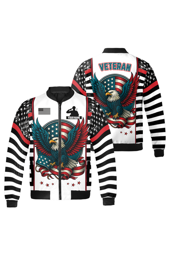 Custom Name Veteran Bomber Jacket – Patriotic American Flag Eagle Zip-Up Coat – Personalized Military Gift for Veterans & Soldiers