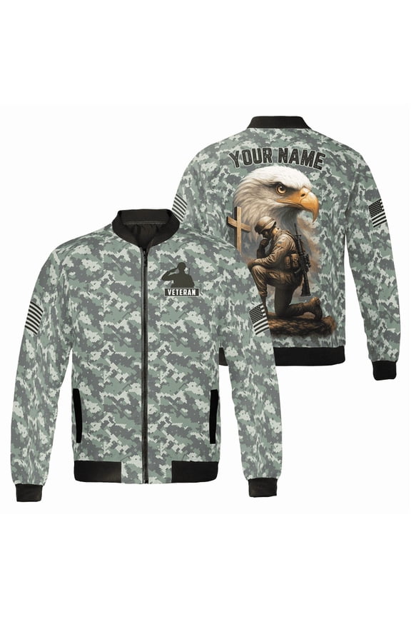 Custom Name Veteran Military Camo Bomber Jacket with Prayer Soldier and Eagle Graphic – USA Flag Sleeve – Patriotic Outerwear for Veterans and Military Supporters