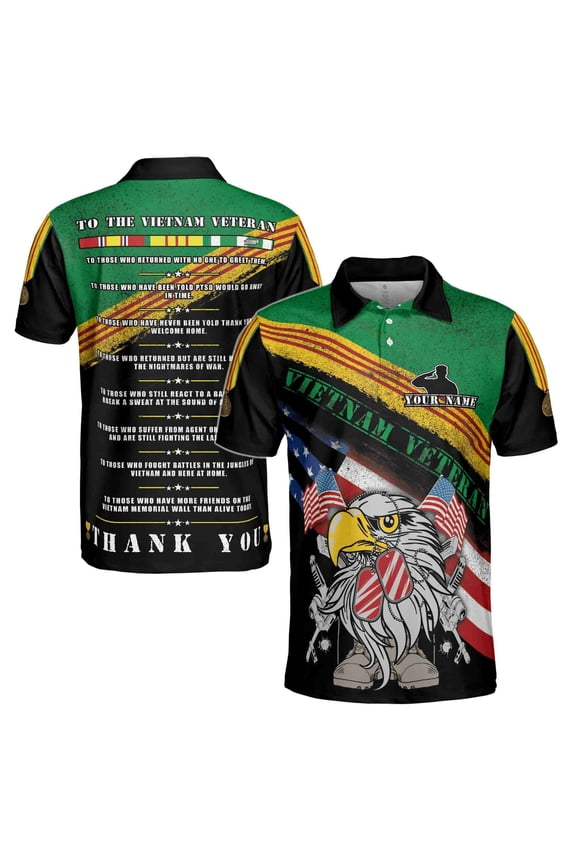 Custom Name Vietnam Veteran War U.S Army Proud American Eagle Flag Vet Men's Polo Shirt S-5XL