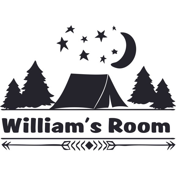 Custom Name Vinyl Wall Decal for Home - Camping Scene Night Tent Forest Cute Wall Décor Bedroom Living Room Entry - Personalized Text Removable High Tact - Size: 12 In x 20 In