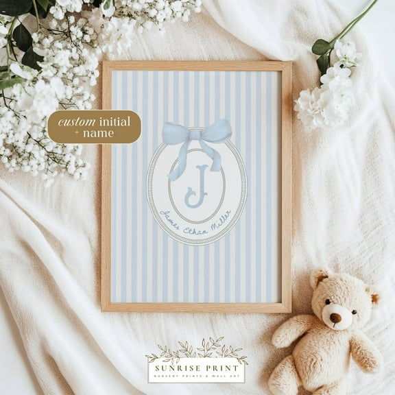 Custom Name Wall Art Striped Nursery Artwork Personalized Gift For Baby Boy Room Print Vintage Initial Birth Poster Unique Babyshower Gift, Unframed Canvas Size 12x18