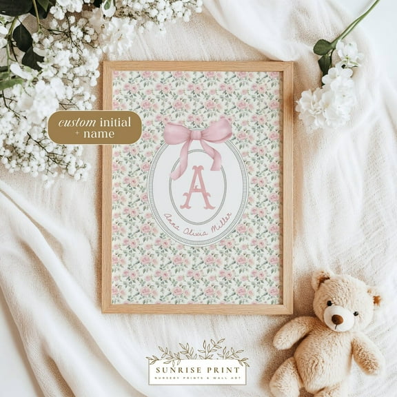 Custom Name Wall Art Vintage Floral Nursery Artwork Personalized Gift For Baby Girl Room Print Cottagecore Initial Birth Poster, Unframed Poster Size 8x12