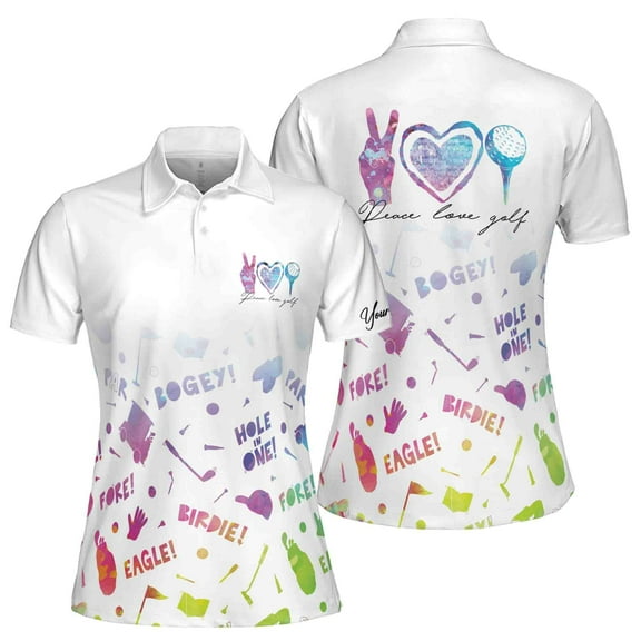 Custom Name Watercolor Peace Love Golf Women's Polo Shirt S-5XL