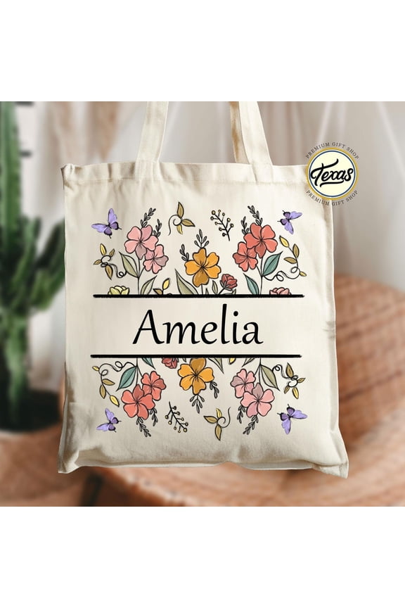Custom Name Wildflower Tote Bag Personalized Floral Gift
