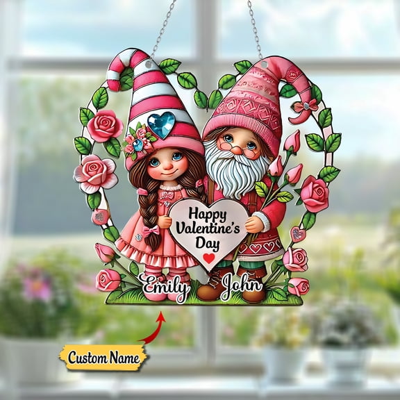 Custom Name Window Hanging Acrylic Flat 2D, Valentine's Day Gnomes Couple Design, Heart-Shaped Frame with Roses, Personalized Romantic Gift, Unique Car Decoration for Lovebirds