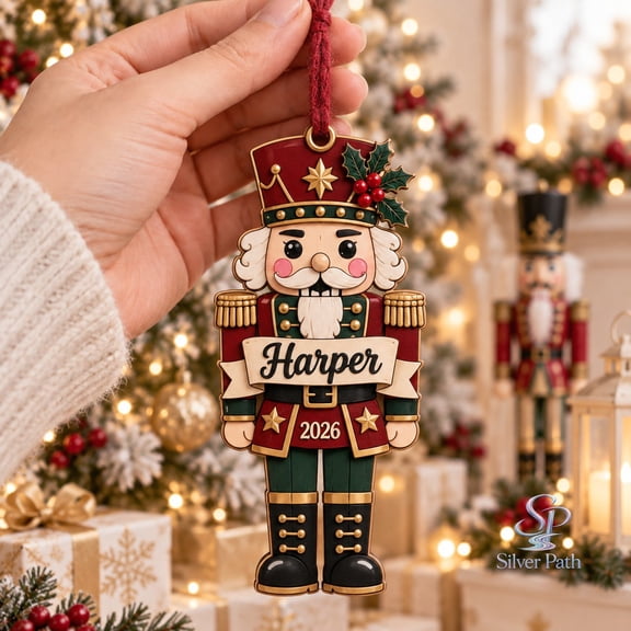 Custom Name Wooden Ornament, 2026 Nutcracker Soldier with Holly and Stars, Wooden Tree Hanging Christmas Gift