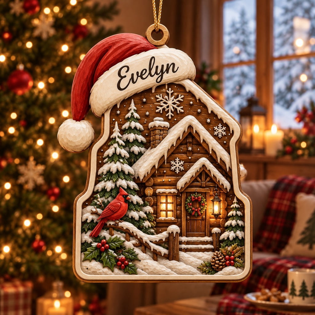 Custom Name Wooden Ornament, Cardinal Winter Cabin, Tree Hanging ...