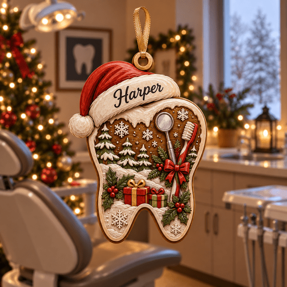 Custom Name Wooden Ornament, Festive Tooth Snowflakes, Christmas Tree Hanging, Dental Professional Gift
