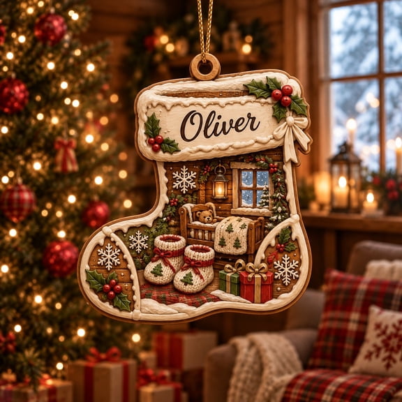 Custom Name Wooden Ornament First Christmas Booties Snowflakes Tree Hanging Gift