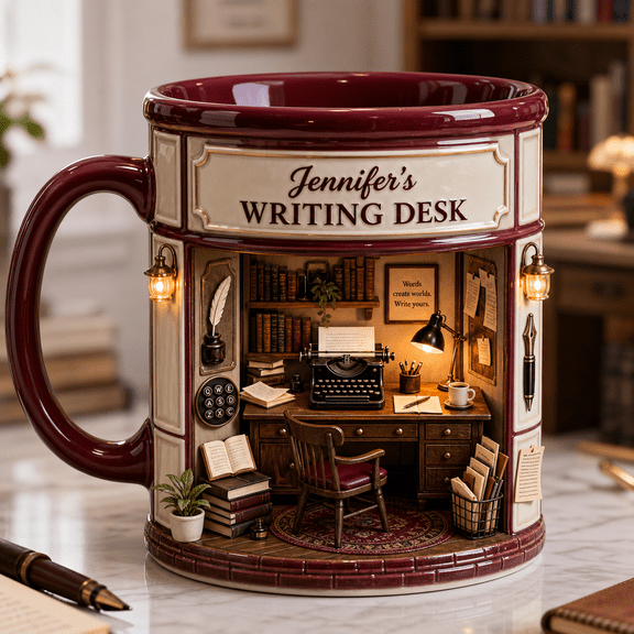 Custom Name Writer Mug, Personalized 3D Effect Writing Desk Mug for Authors & Book Lovers