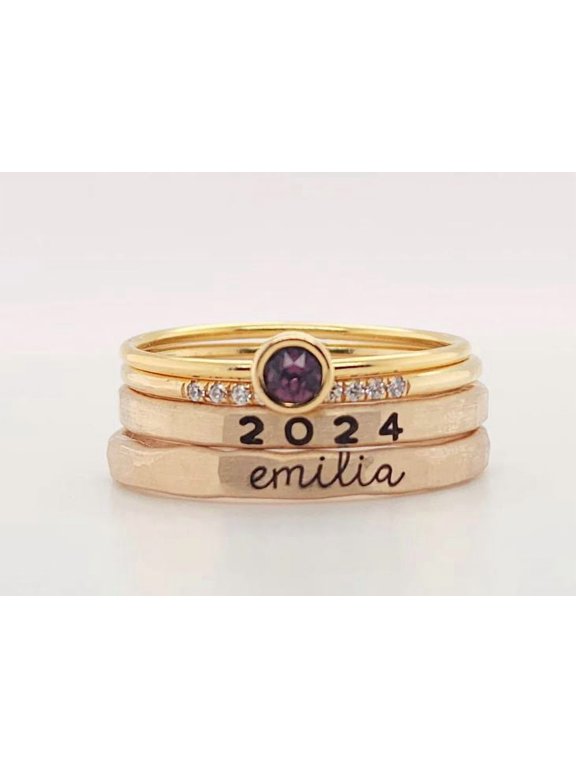 Custom Name Year Purple Moissanite Stacking Bands 925 Sterling Silver
