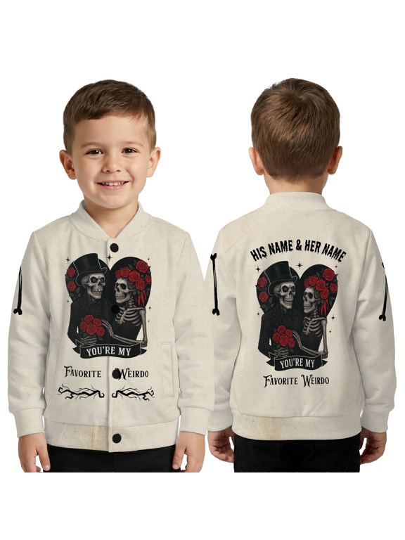 Custom Name “You’re My Favorite Weirdo” Jacket, Roses Skeleton Couple Graphic Valentine Gift Jacket, Skull Lover Outerwear