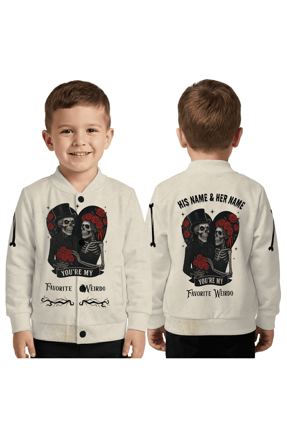 Custom Name “You’re My Favorite Weirdo” Jacket, Roses Skeleton Couple Graphic Valentine Gift Jacket, Skull Lover Outerwear