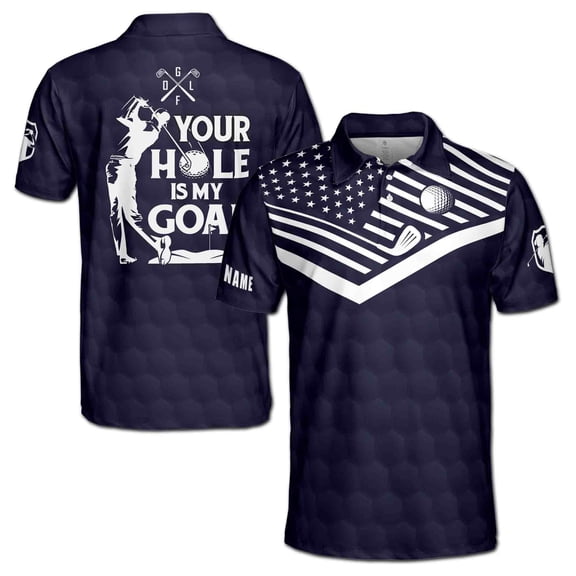 Custom Name Your Hole Is My Goal America Flag Pattern Golfer Men's Polo Shirt S-5XL