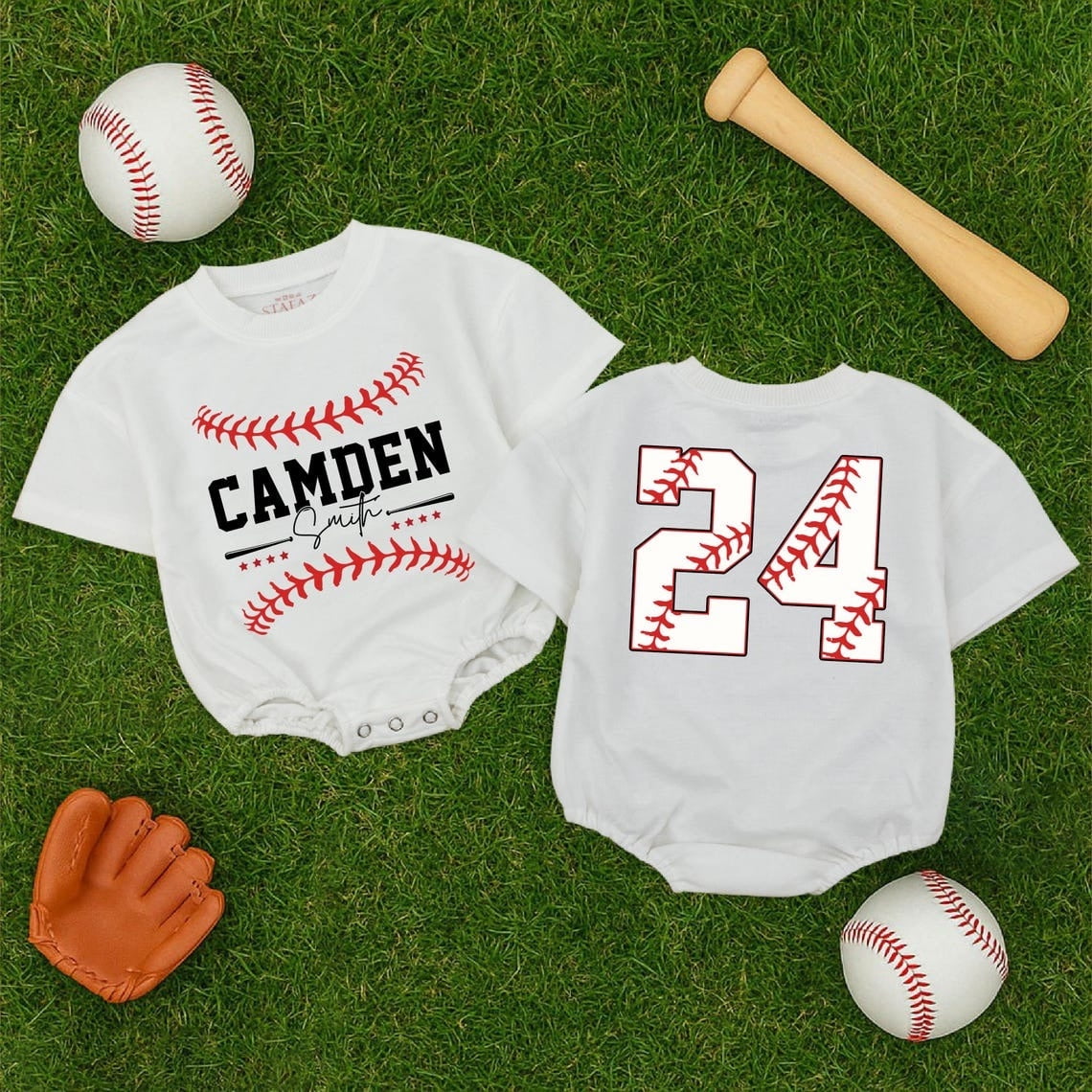 Custom Name and Number Baseball Baby Romper, Baseball Two Sided Baby