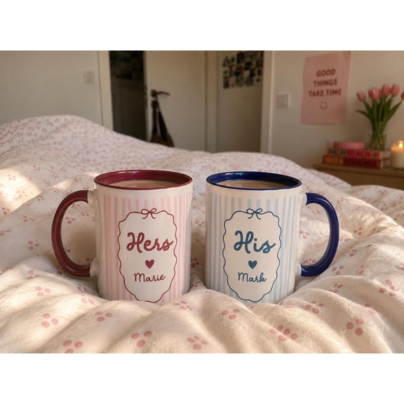 Custom Names Couple Ceramic Coffee Mug with Personalized Year and Striped Design, Wedding Gift, Anniversary Keepsake and Celebration Coffee Cup for Couples, Partners, Bride, Groom or Newlyweds