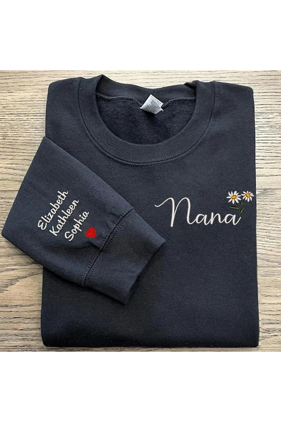 Custom Nana Embroidered Sweatshirt, Personalized Nana Daisy And Grandkids Name On Sleeve, Unisex Sweatshirt, LINHKHA