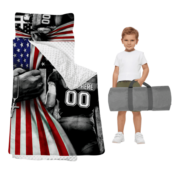 Custom Nap Mat for Toddler Boys and Girls, Sleeping Bag with Pillow and Blanket for Preschool, Sleeping Mat for 3-15 Years, Cozy Nap Mat Set for Daycare, Back to School Gift, Gray Football Sports