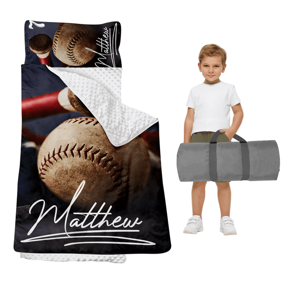 Custom Nap Mat for Toddler Boys and Girls, Sleeping Bag with Pillow and Blanket for Preschool, Sleeping Mat for 3-15 Years, Cozy Nap Mat Set for Daycare, Back to School Gift, Grey Baseball Sports