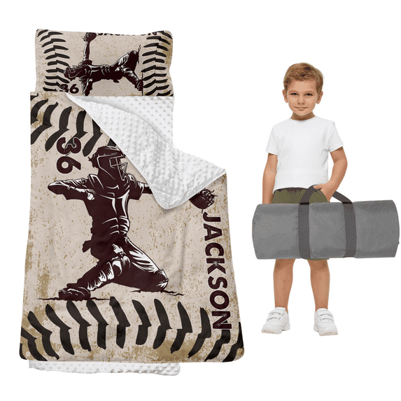 Custom Nap Mat for Toddler Boys and Girls, Sleeping Bag with Pillow and Blanket for Preschool, Sleeping Mat for 3-15 Years, Cozy Nap Mat Set for Daycare, Back to School Gift, Khaki Baseball Sports