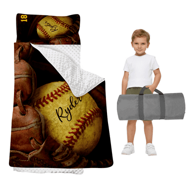 Custom Nap Mat for Toddler Boys and Girls, Sleeping Bag with Pillow and Blanket for Preschool, Sleeping Mat for 3-15 Years, Cozy Nap Mat Set for Daycare, Back to School Gift, Yellow Baseball Sport