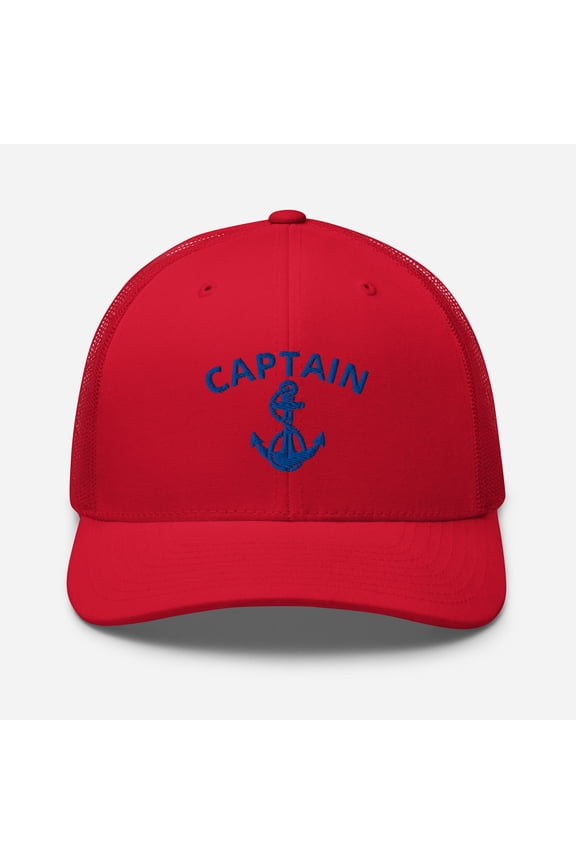 Custom Nautical Captain Anchor Embroidered Trucker Cap (Red)
