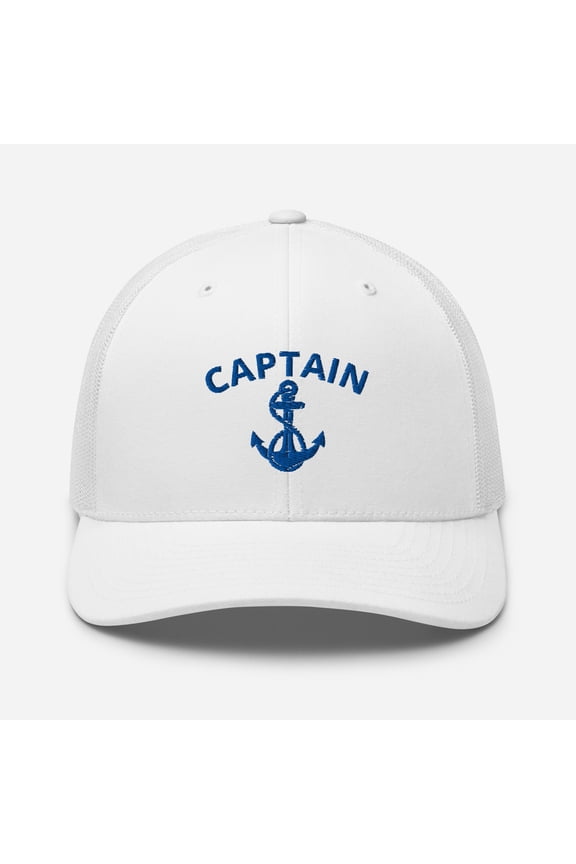 Custom Nautical Captain Anchor Embroidered Trucker Cap (White)