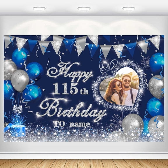 Custom Navy Blue and Silver Theme Birthday Banner for Party Happy Birthday Backdrop Decoration Personalized with Name and Photo 5*7FT