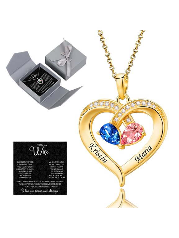 Custom Necklaces for Women To My Wife Necklace From Husband Personalized Name Heart Necklace With Birthstone Engraved Necklace To My Wife Couple Valentines Day Gifts ...