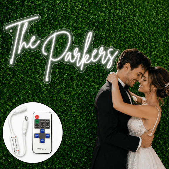 Neon Name Style Sign with Remote Control, LED Last Name Design Light for Greenery Wall, Wedding Photo Backdrop & Reception Decor