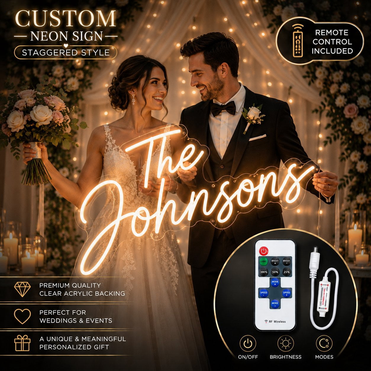 Staggered LED Neon Name Style Sign with Remote Control for Wedding ...