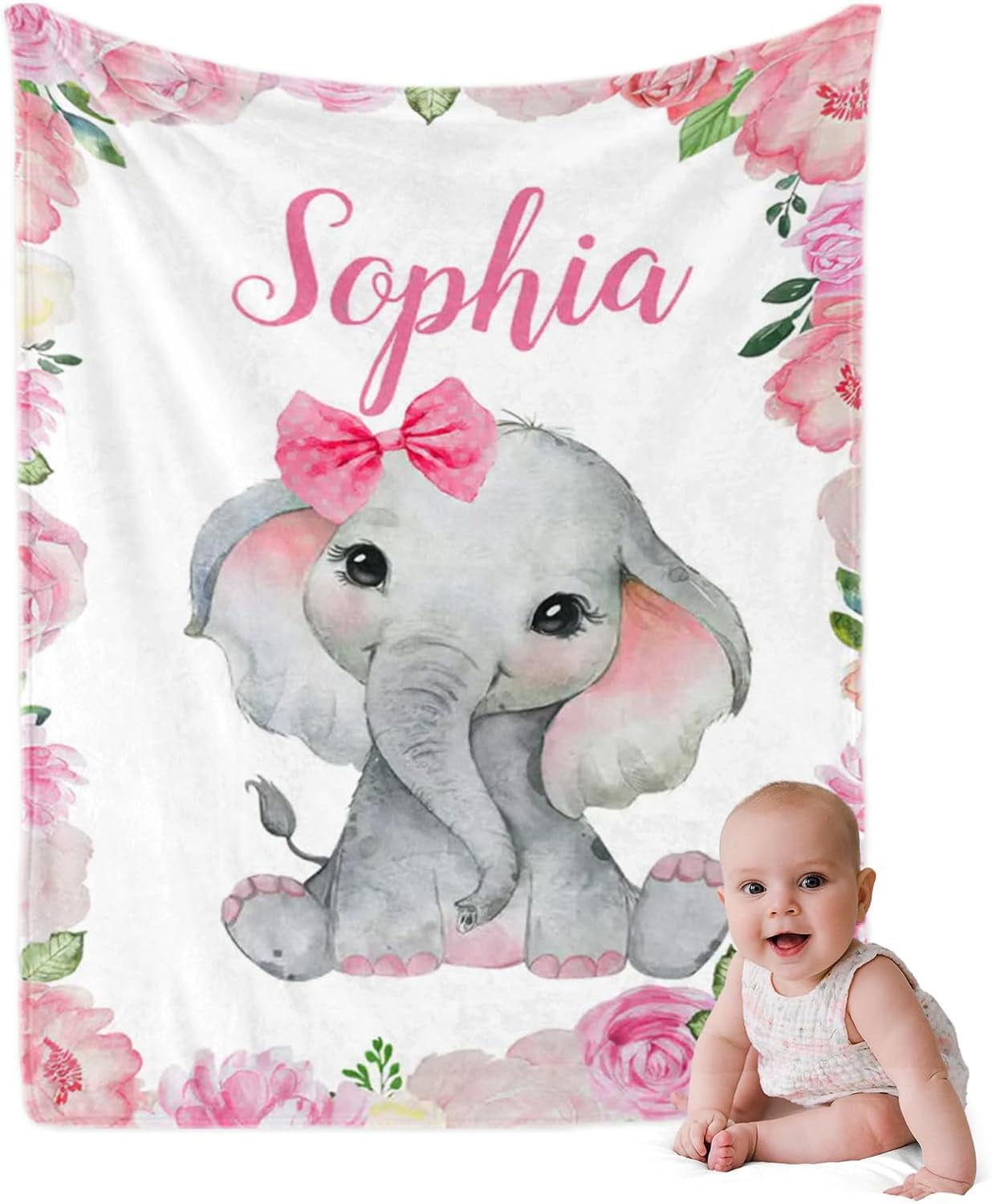 Custom Newborn Gifts Elephant Baby Blankets for Girls: Custom Name Pink ...