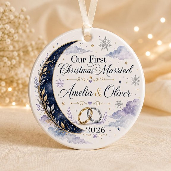 Custom Newlywed Ceramic Christmas Ornament with Custom Names and Wedding Date, Wedding Keepsake, Christmas Tree Decor and Anniversary Gift for Couples, Newlyweds, Partners or Bridal Celebrations