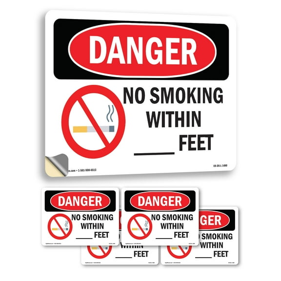 Custom No Smoking Within OSHA Danger Vinyl Decal Label 18 Inch x 12 Inch - 5 Pack