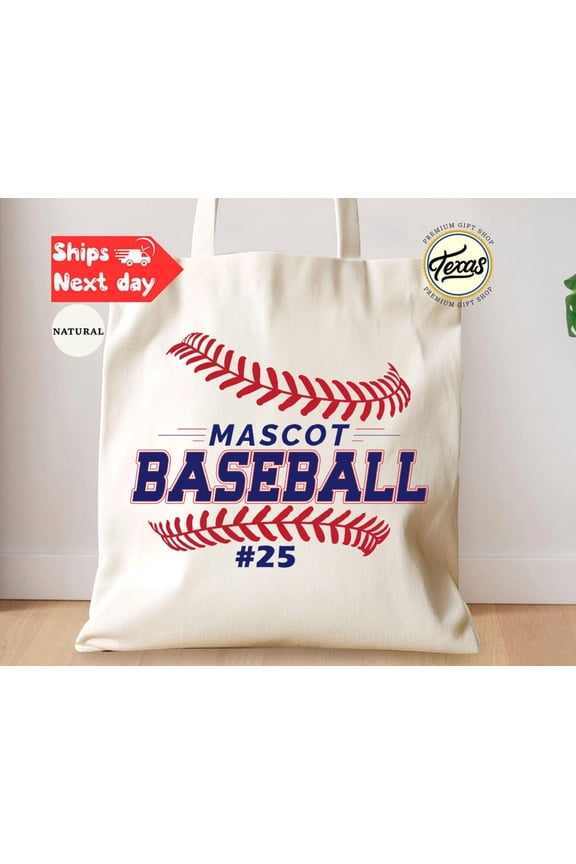 Custom Number Baseball Mascot Tote Bag, Baseball Fan Gift