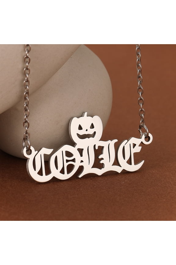 Custom Old English Letter Name Necklace Stainless Steel Pumpkin Charm Customized Nameplate Choker Halloween Jewelry Gift