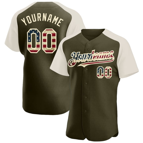 Custom Olive USA Cream Authentic Raglan Sleeves Salute To Service Baseball Jersey - Hot Sa