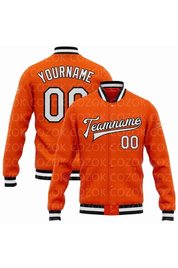 Custom Orange White Black 3D Printed Baseball Button Jacket Bomber Full-Snap Varsity Lette