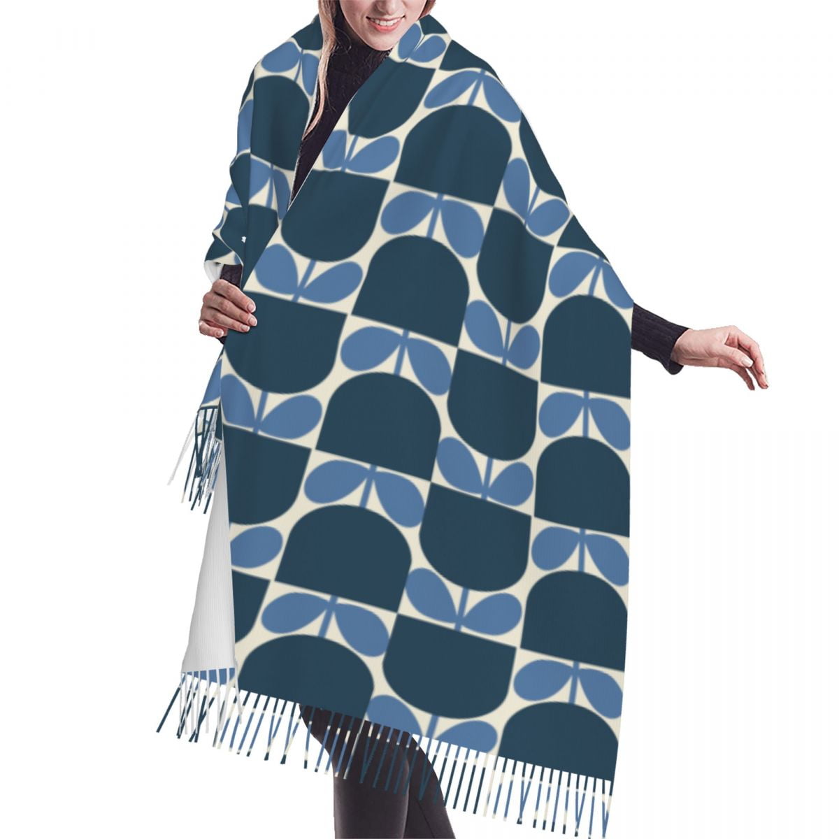 Custom Orla Kiely Scarf Wrap Women Long Winter Fall Warm Tassel Shawl