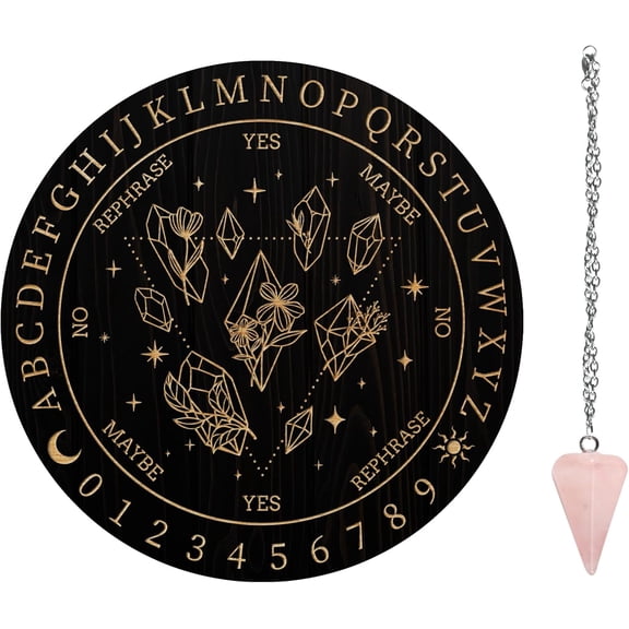 Custom PVC Plastic Pendulum Board with Natural Rose Quartz Stone Pendants and 304 Stainless Steel Cable Chain Dowsing Divination Board for Witchcraft Wiccan Altar Supplies Flat Round Diamond Pattern