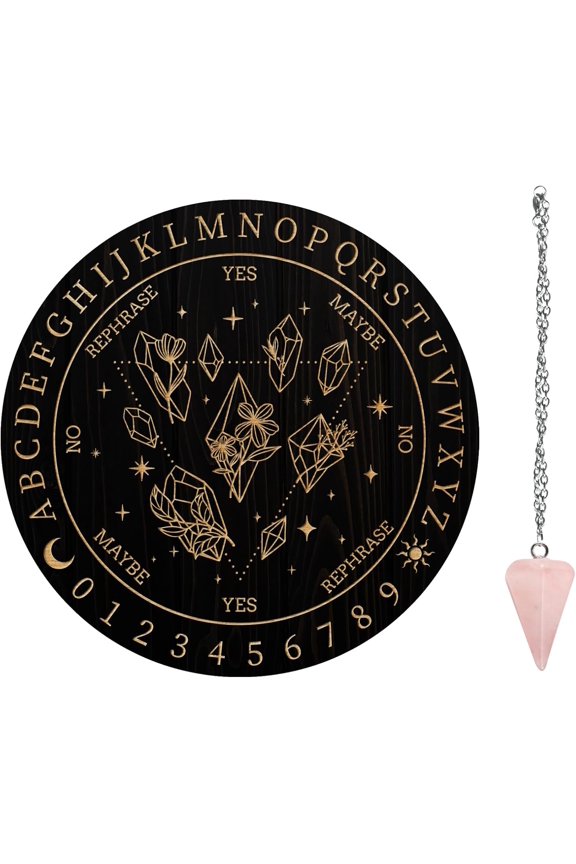 Custom PVC Plastic Pendulum Board with Natural Rose Quartz Stone Pendants and 304 Stainless Steel Cable Chain Dowsing Divination Board for Witchcraft Wiccan Altar Supplies Flat Round Diamond Pattern